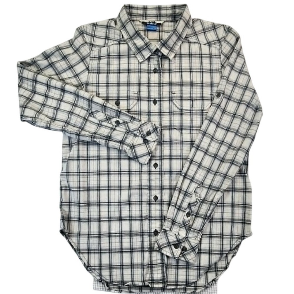 KAVU Plaid Button Down Shirt White Black Mens Medium Long Sleeve Outdoor Trail
